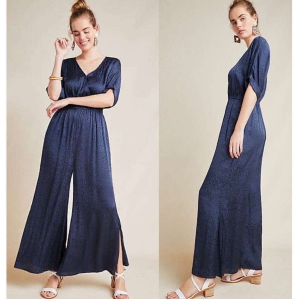 Maeve Anthropologie Blue Jacqueline Jacquard Jumpsuit size Large Tiny Flaw